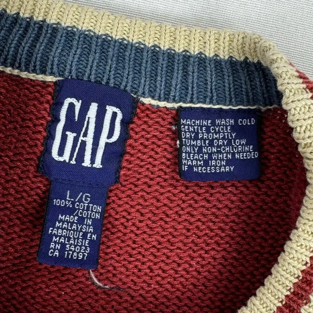 Gap Kids Vintage 80s Varsity Teams Knit Sweater Large Red Beige Blue 100% Cotton
